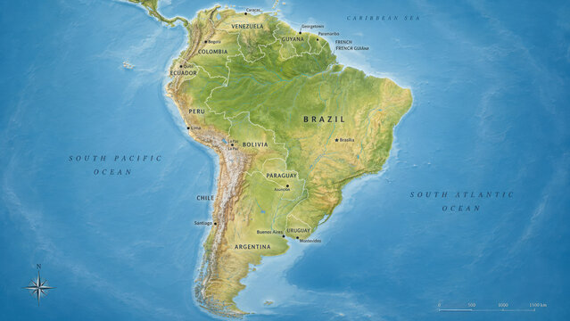Detailed physical map of South America showing topography and ocean borders.