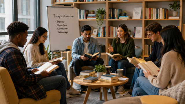 Diverse group of students reading books in a library study session or book club meeting.