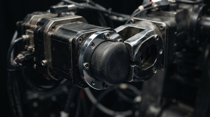 Fototapeta premium A close-up view of a complex robotic arm featuring metallic textures and intricate mechanical parts.