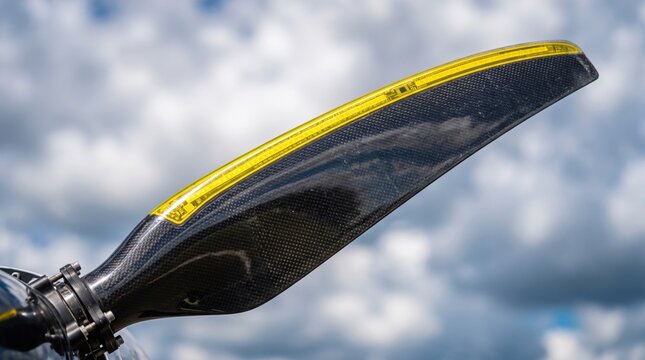 A detailed close up of a sleek carbon fiber airplane propeller blade against a bright blue sky.