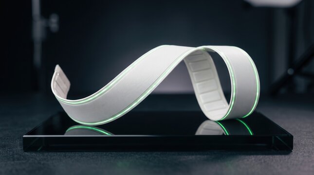A flexible white wearable device with glowing green edges rests on a sleek black reflective base.