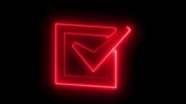 Glowing red neon checkmark symbol animation on black background, for success and, approval concepts tick