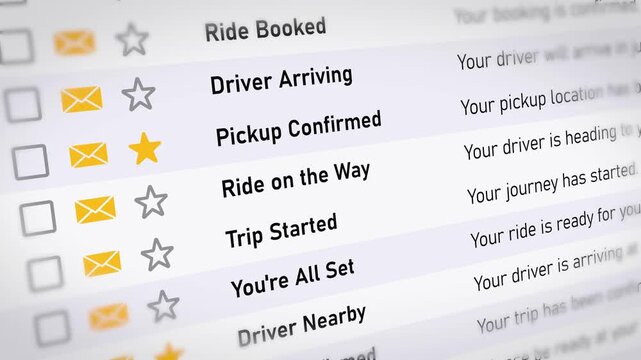 Scrolling email inbox showing ride confirmation and driver assigned notifications