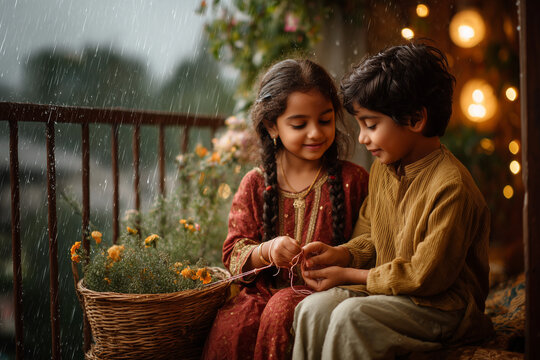 Beautiful Raksha Bandhan festival celebration featuring a loving brother and sister celebrating the sacred bond of siblings, with traditional rakhi, festive decorations, gifts, sweets, and a warm fami