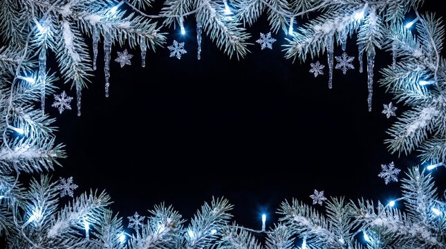 Snowy Fir Branches Frame with Blue Lights on Black Background