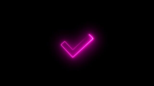 Neon pink checkmark symbol glowing on black background, minimalist motion for ui tick