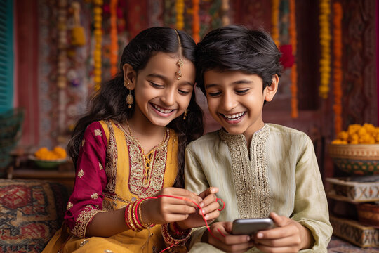 Beautiful Raksha Bandhan festival celebration featuring a loving brother and sister celebrating the sacred bond of siblings, with traditional rakhi, festive decorations, gifts, sweets, and a warm fami