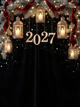 Festive New Year 2027 Backdrop with Lanterns and Pine Branches