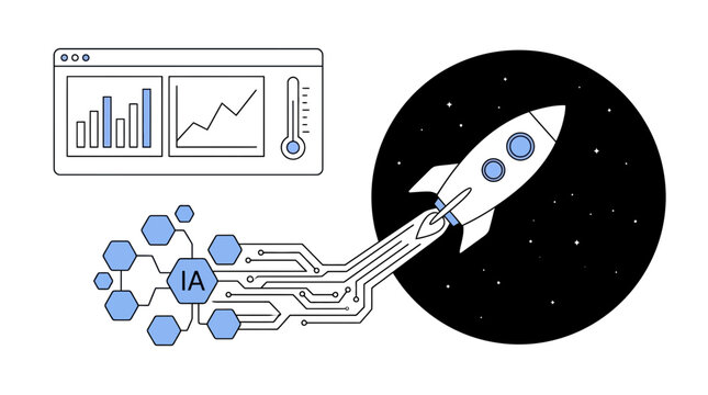 Futuristic rocket vector illustration launching with circuit board connectivity and data analytics interface display for growth