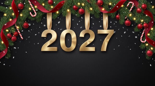 Festive 2027 New Year Background with Ornaments and Snow