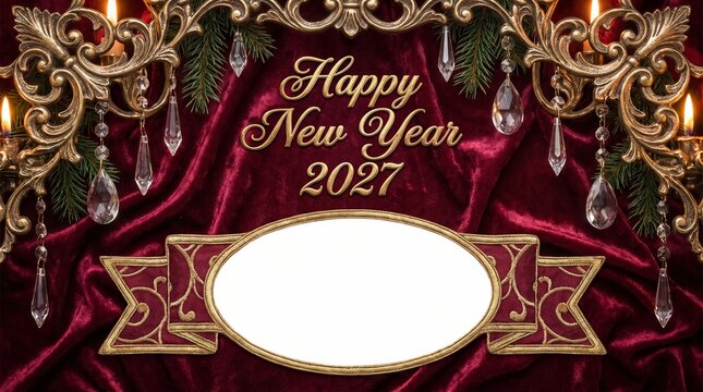 Elegant Happy New Year 2027 Card on Red Velvet Background