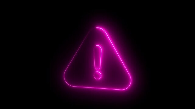 Glowing neon pink exclamation mark warning sign animation on black background