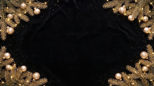 Elegant Golden Christmas Frame with Ornaments on Black Background