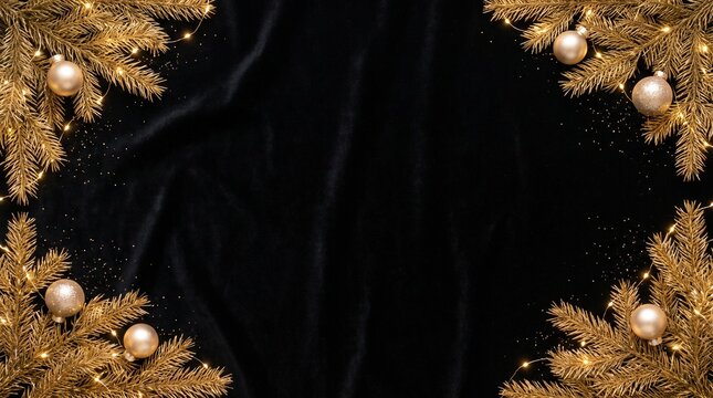 Elegant Christmas border with golden branches on black velvet background