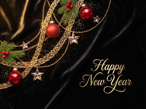 Elegant Happy New Year Greeting on Black Velvet Background