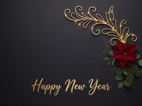 Elegant Happy New Year Greeting on Dark Background with Gold ornament