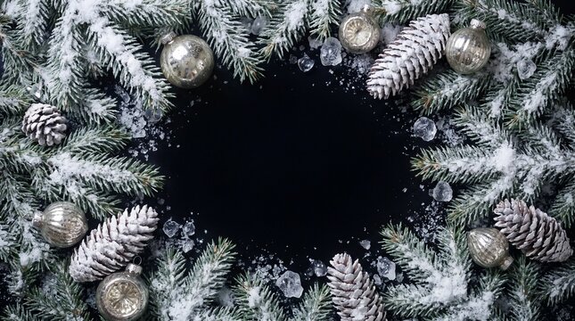 Snowy Christmas frame with fir branches and silver ornaments