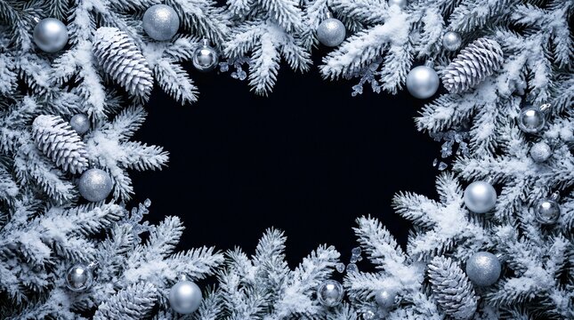 Snowy Christmas frame with silver baubles on black background