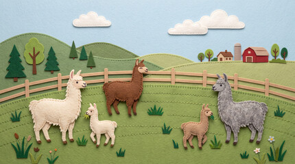 Naklejka premium Cut felt illustration of a llama family in a green pasture. Features adult and baby llamas, a wooden fence, rolling hills, trees, fluffy clouds, and a distant red barn.