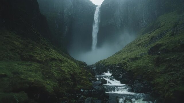 This captures the grandeur of a waterfall cascading into a river within a dense forest. The mist from the waterfall adds a mystical quality to the scene.