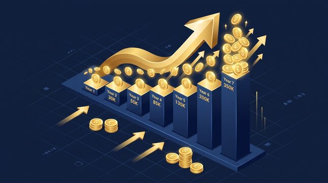 Isometric financial growth chart with rising gold coins and upward trend arrow