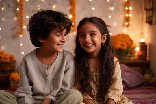 Beautiful Raksha Bandhan festival celebration featuring a loving brother and sister celebrating the sacred bond of siblings, with traditional rakhi, festive decorations, gifts, sweets, and a warm fami