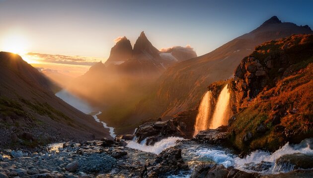 golden light bathes majestic mountains their peaks piercing a sky veiled in ethereal mist as waterfalls cascade down their rocky slopes a symphony of nature s grandeur