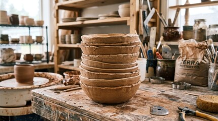 Fototapeta premium Pottery Studio Workspace with Stacked Ceramic Bowls and Tools.
