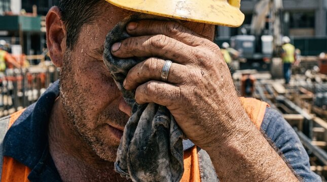 Exhausted construction worker wiping sweat from forehead on a sunny building site.