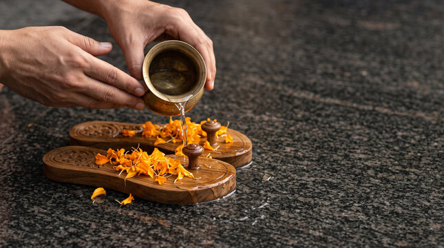 Wooden Paduka anointed with water for Guru Purnima
