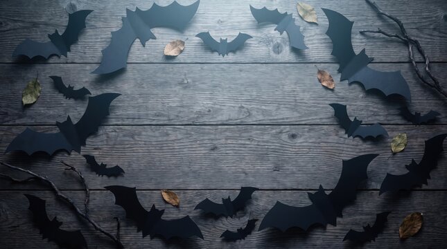Halloween black paper bats and dry leaves on rustic wooden background