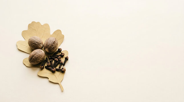 Dried ginkgo leaf with whole nutmegs and cloves, warm autumn spice concept, minimalist flat lay, copy space Halloween
