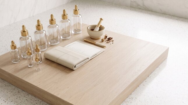 Perfume blending set with glass bottles and notebook on a wooden tray for fragrance design