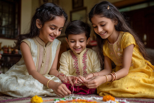 Beautiful Raksha Bandhan festival celebration featuring a loving brother and sister celebrating the sacred bond of siblings, with traditional rakhi, festive decorations, gifts, sweets, and a warm fami