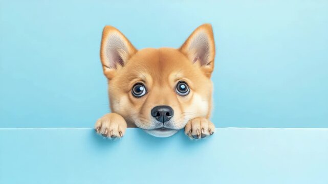 Close-up of a dog with large eyes and ears leaning forward over a blue wall.