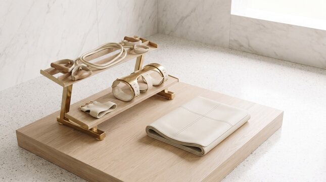 Adaptive fitness equipment and yoga towel on a wooden platform in a bright studio space.