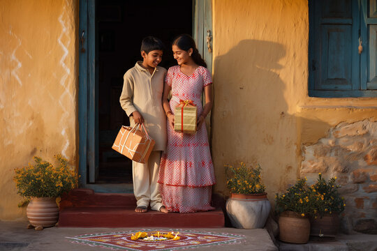 Beautiful Raksha Bandhan festival celebration featuring a loving brother and sister celebrating the sacred bond of siblings, with traditional rakhi, festive decorations, gifts, sweets, and a warm fami