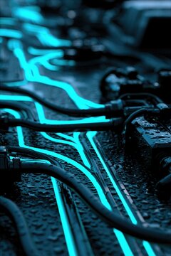 Advanced automated chemical technology and subsea energy reactor core with complex geometric network of glowing liquid lines