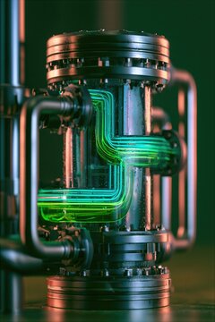 Advanced automated chemical technology and subsea energy reactor core with complex geometric network of glowing liquid lines