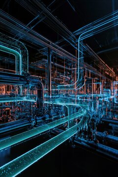 Advanced automated chemical technology and subsea energy reactor core with complex geometric network of glowing liquid lines