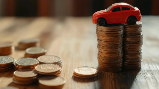 A small red toy car is placed on top of a stack of copper-colored coins. The scene takes place on a wooden surface.
