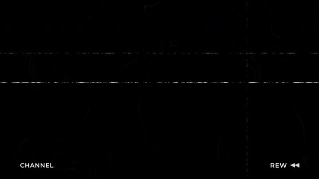 Retro VHS glitch background with analog noise filmgrain and defect lines featuring channel and rewind text on a black screen for vintage video effects