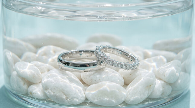 Silver wedding rings with diamonds resting on white pebbles inside glass water vase