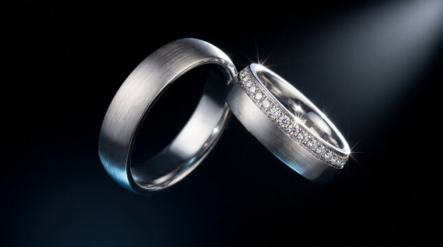 Luxury wedding rings with brushed finish and diamonds glowing in spotlight on black