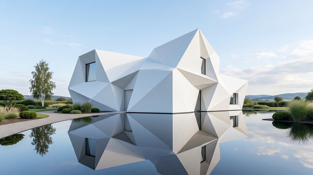 White faceted futuristic house with mirror reflection in calm water surrounded by garden