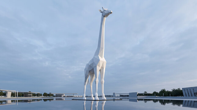 Giant white low-poly giraffe sculpture standing on reflective plaza under cloudy sky