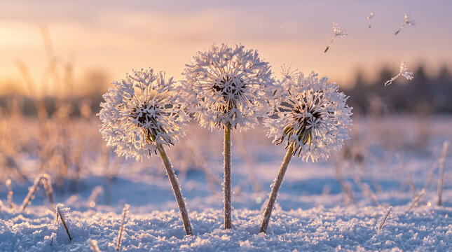 Frozen dandelion flowers covered with frost on snowy field at winter sunrise