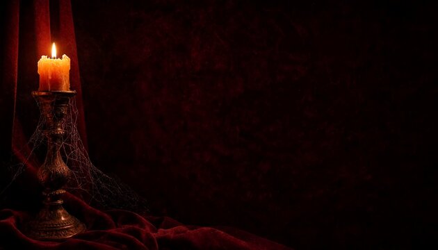 Dark Burgundy Velvet Halloween Background With Candle On Brass Stand