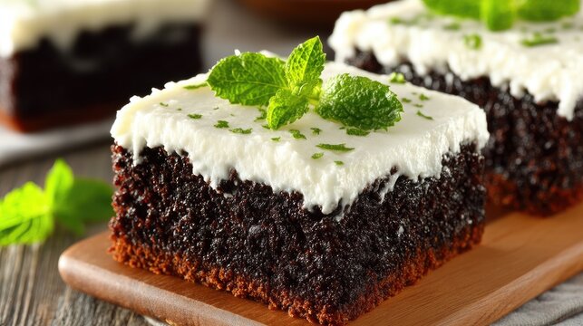 Square Chocolate Cake with White Frosting and Mint Garnish on Wooden Board