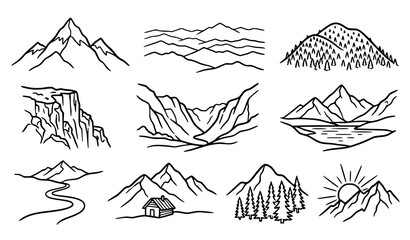 Fototapeta premium Hand Drawn Mountain Landscape Collection with Alpine Peaks Forest Lake Cabin and Nature Vector Set